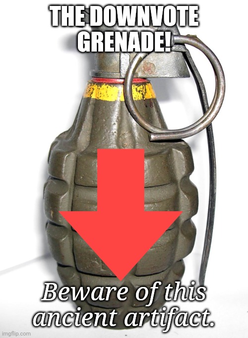 grenade | THE DOWNVOTE GRENADE! Beware of this ancient artifact. | image tagged in grenade | made w/ Imgflip meme maker