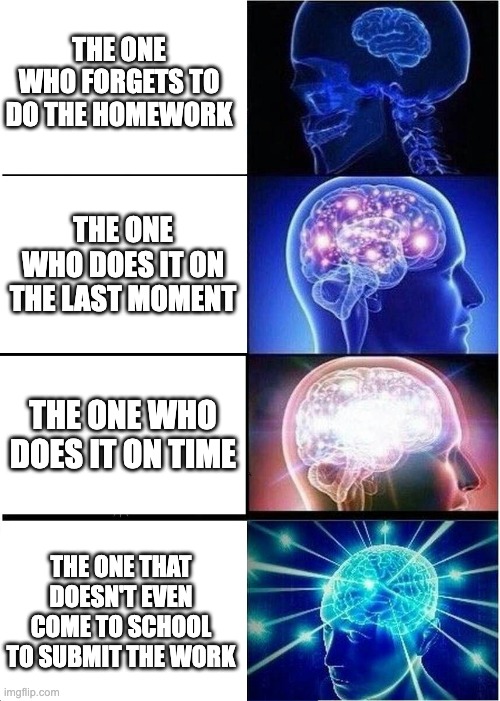 The Types of People in homeworks... | THE ONE WHO FORGETS TO DO THE HOMEWORK; THE ONE WHO DOES IT ON THE LAST MOMENT; THE ONE WHO DOES IT ON TIME; THE ONE THAT DOESN'T EVEN COME TO SCHOOL TO SUBMIT THE WORK | image tagged in memes,homework | made w/ Imgflip meme maker