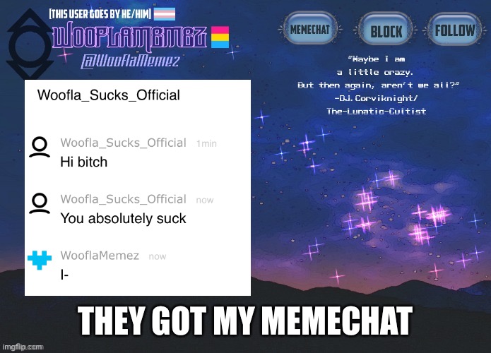 T^T | THEY GOT MY MEMECHAT | image tagged in wooflamemez announcement template | made w/ Imgflip meme maker