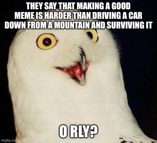 O RLY? | THEY SAY THAT MAKING A GOOD MEME IS HARDER THAN DRIVING A CAR DOWN FROM A MOUNTAIN AND SURVIVING IT; O RLY? | image tagged in o rly | made w/ Imgflip meme maker