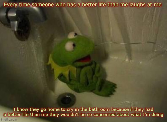 Kermit Shower | Every time someone who has a better life than me laughs at me; I know they go home to cry in the bathroom because if they had a better life than me they wouldn’t be so concerned about what I’m doing | image tagged in kermit shower | made w/ Imgflip meme maker