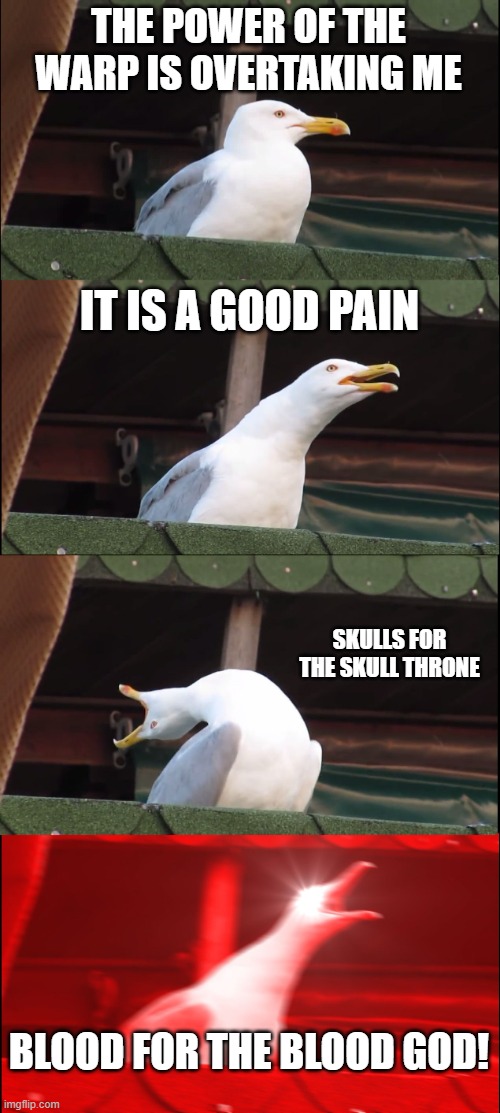 Inhaling Seagull Meme | THE POWER OF THE WARP IS OVERTAKING ME IT IS A GOOD PAIN SKULLS FOR THE SKULL THRONE BLOOD FOR THE BLOOD GOD! | image tagged in memes,inhaling seagull | made w/ Imgflip meme maker