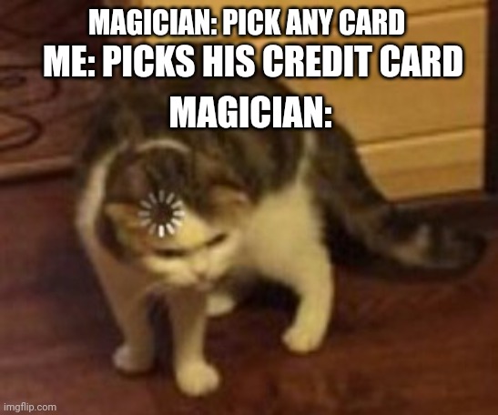 Loading cat | MAGICIAN: PICK ANY CARD; ME: PICKS HIS CREDIT CARD; MAGICIAN: | image tagged in loading cat | made w/ Imgflip meme maker