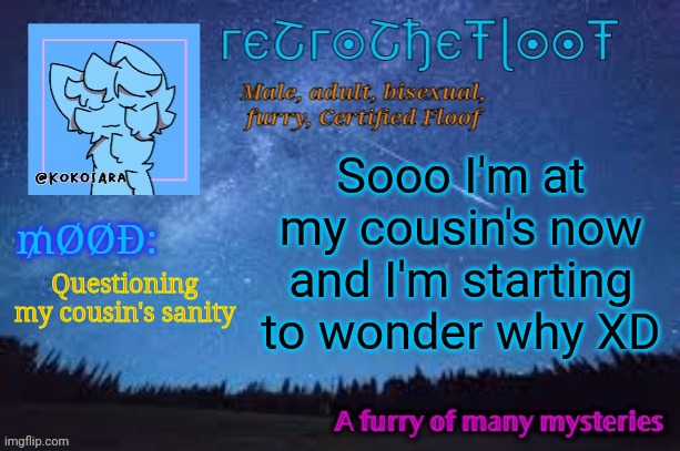 Help my cousin's being weird again XDDDD | Sooo I'm at my cousin's now and I'm starting to wonder why XD; Questioning my cousin's sanity | image tagged in retrothefloof official announcement template 2 | made w/ Imgflip meme maker