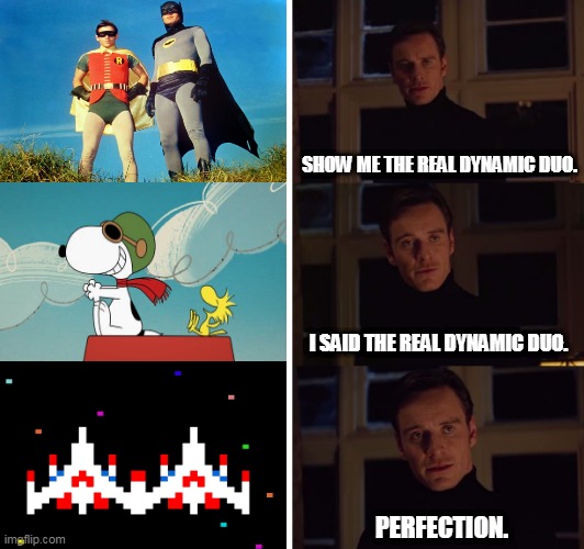 perfection | SHOW ME THE REAL DYNAMIC DUO. I SAID THE REAL DYNAMIC DUO. PERFECTION. | image tagged in perfection,batman and robin,video game,retro,gaming | made w/ Imgflip meme maker
