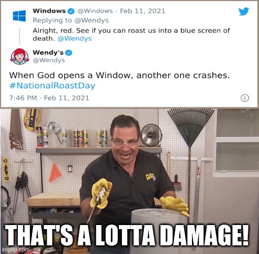damn wendy's is savage |  THAT'S A LOTTA DAMAGE! | image tagged in phil swift that's a lotta damage flex tape/seal | made w/ Imgflip meme maker