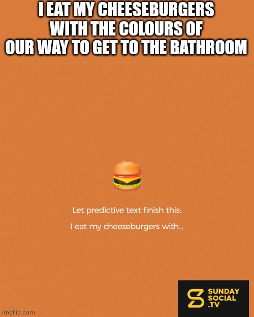 What- | I EAT MY CHEESEBURGERS WITH THE COLOURS OF OUR WAY TO GET TO THE BATHROOM | made w/ Imgflip meme maker