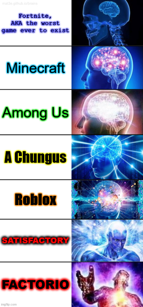 7-Tier Expanding Brain | Fortnite, AKA the worst game ever to exist; Minecraft; Among Us; A Chungus; Roblox; SATISFACTORY; FACTORIO | image tagged in 7-tier expanding brain | made w/ Imgflip meme maker