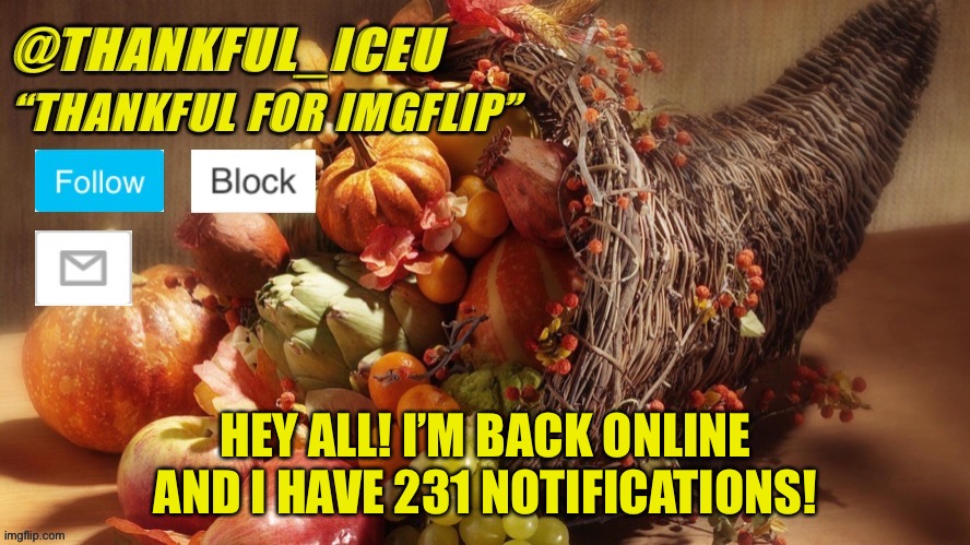 I missed u all :) | HEY ALL! I’M BACK ONLINE AND I HAVE 231 NOTIFICATIONS! | image tagged in dr_iceu thanksgiving template | made w/ Imgflip meme maker