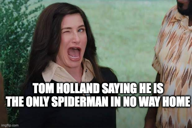 WandaVision Agnes wink | TOM HOLLAND SAYING HE IS THE ONLY SPIDERMAN IN NO WAY HOME | image tagged in wandavision agnes wink | made w/ Imgflip meme maker