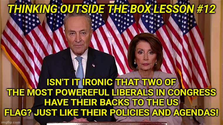 Only time you'll see Chuck and Nancy within 5 feet of the greatest flag on Earth.....when they have their backs to it. | THINKING OUTSIDE THE BOX LESSON #12; ISN'T IT IRONIC THAT TWO OF THE MOST POWEREFUL LIBERALS IN CONGRESS HAVE THEIR BACKS TO THE US FLAG? JUST LIKE THEIR POLICIES AND AGENDAS! | image tagged in pelosi and schumer,flag,liberal hypocrisy,disrespect | made w/ Imgflip meme maker