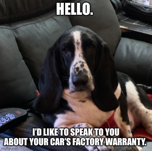 Dozer Car Warranty | HELLO. I’D LIKE TO SPEAK TO YOU ABOUT YOUR CAR’S FACTORY WARRANTY. | image tagged in funny meme | made w/ Imgflip meme maker