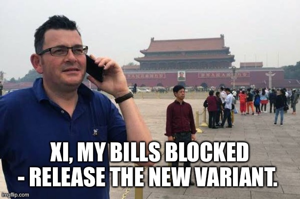 Dodgy Dan | XI, MY BILLS BLOCKED - RELEASE THE NEW VARIANT. | image tagged in dan andrews in china | made w/ Imgflip meme maker