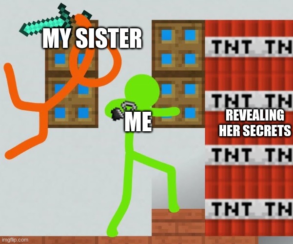I won't let you share my secrets!!!! | MY SISTER; ME; REVEALING HER SECRETS | image tagged in alan becker tsc kills green | made w/ Imgflip meme maker