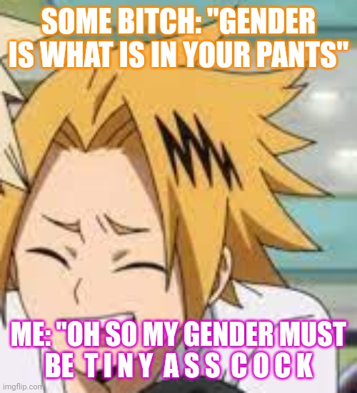 These jokes never get old | SOME BITCH: "GENDER IS WHAT IS IN YOUR PANTS"; ME: "OH SO MY GENDER MUST BE  T I N Y  A S S  C O C K | image tagged in waughing denki | made w/ Imgflip meme maker