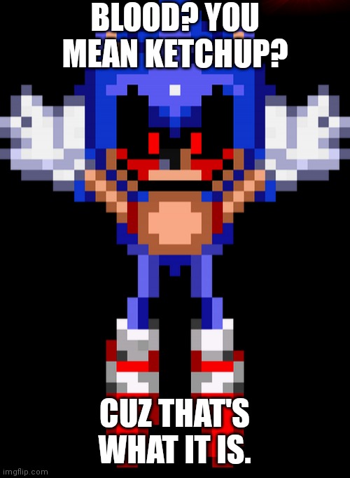 Sonic ketchup tears | BLOOD? YOU MEAN KETCHUP? CUZ THAT'S WHAT IT IS. | image tagged in sonic ketchup tears | made w/ Imgflip meme maker