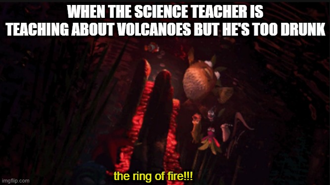 WHEN THE SCIENCE TEACHER IS TEACHING ABOUT VOLCANOES BUT HE'S TOO DRUNK; the ring of fire!!! | image tagged in finding nemo | made w/ Imgflip meme maker