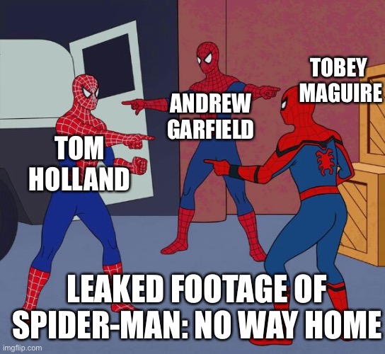 Leaked footage | TOBEY  MAGUIRE; ANDREW GARFIELD; TOM HOLLAND; LEAKED FOOTAGE OF SPIDER-MAN: NO WAY HOME | image tagged in spider man triple | made w/ Imgflip meme maker