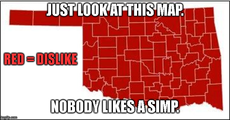 Nobody ______ | JUST LOOK AT THIS MAP. RED = DISLIKE; NOBODY LIKES A SIMP. | image tagged in nobody ______ | made w/ Imgflip meme maker