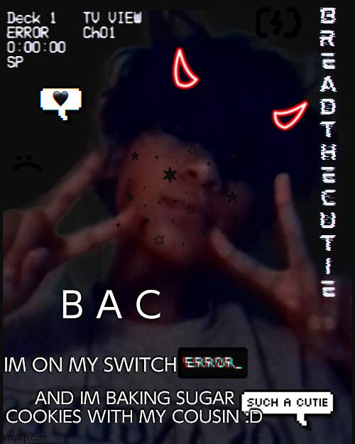 ima go eat brb- | B A C; IM ON MY SWITCH; AND IM BAKING SUGAR COOKIES WITH MY COUSIN :D | image tagged in bread's face temp | made w/ Imgflip meme maker
