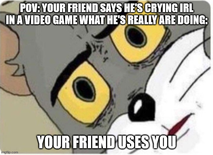 That one friend be like | POV: YOUR FRIEND SAYS HE'S CRYING IRL IN A VIDEO GAME WHAT HE'S REALLY ARE DOING:; YOUR FRIEND USES YOU | image tagged in tom and jerry meme | made w/ Imgflip meme maker