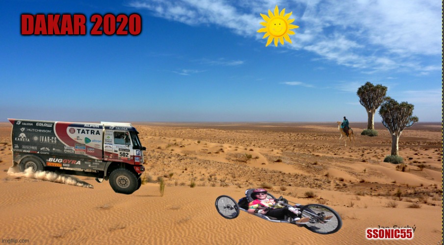 Dakar 2020 | DAKAR 2020; SSONIC55 | image tagged in car,desert | made w/ Imgflip meme maker