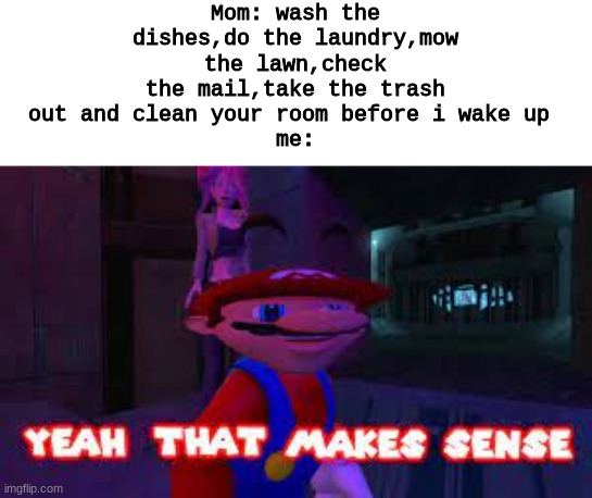 is that possible? | Mom: wash the dishes,do the laundry,mow the lawn,check the mail,take the trash out and clean your room before i wake up 
me: | image tagged in yeah that makes sense | made w/ Imgflip meme maker
