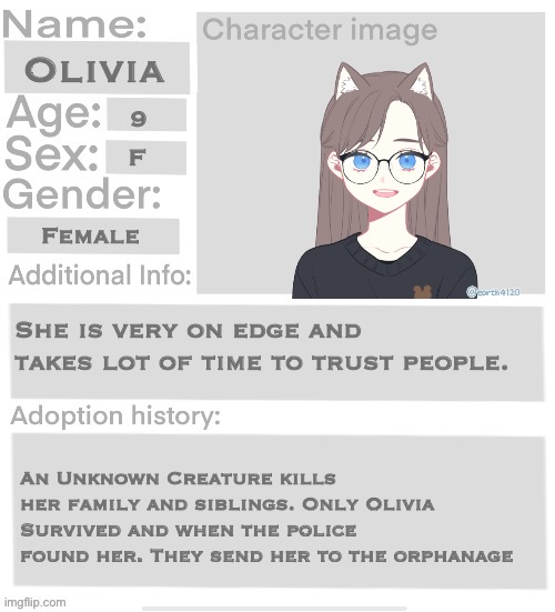 Title | Olivia; 9; F; Female; She is very on edge and takes lot of time to trust people. An Unknown Creature kills her family and siblings. Only Olivia Survived and when the police found her. They send her to the orphanage | image tagged in orphanage faction file,orphanage faction | made w/ Imgflip meme maker