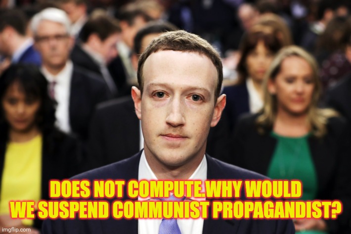 Mark Zuckerberg | DOES NOT COMPUTE.WHY WOULD WE SUSPEND COMMUNIST PROPAGANDIST? | image tagged in mark zuckerberg | made w/ Imgflip meme maker