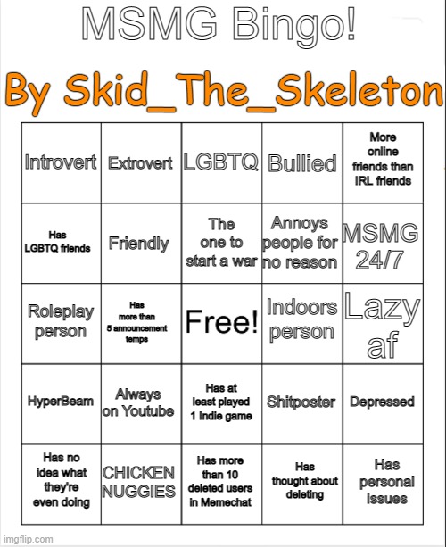 I made another MSMG Bingo thing | image tagged in msmg bingo by skid | made w/ Imgflip meme maker