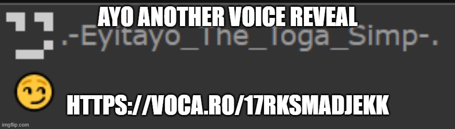 ~ | AYO ANOTHER VOICE REVEAL; HTTPS://VOCA.RO/17RKSMADJEKK | made w/ Imgflip meme maker
