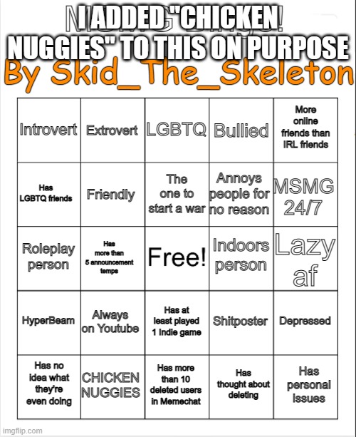 CHICKEN NUGGIIIIIIIIIIIEEEEEEEEEEEEESSSSSSSSSSSSSSSS | I ADDED "CHICKEN NUGGIES" TO THIS ON PURPOSE | image tagged in msmg bingo by skid | made w/ Imgflip meme maker