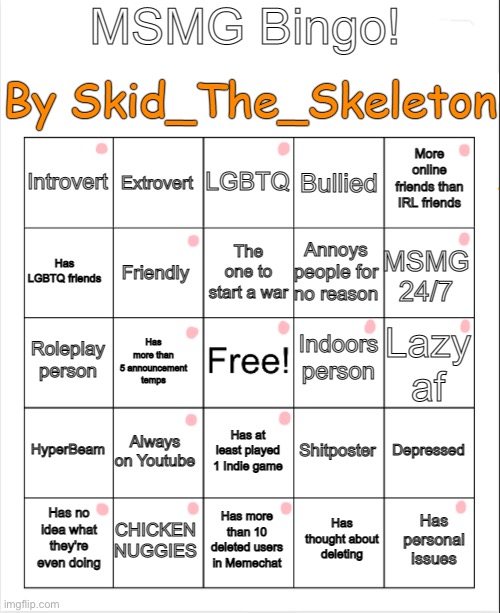 MSMG Bingo(By Skid) | image tagged in msmg bingo by skid | made w/ Imgflip meme maker