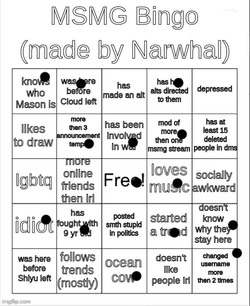 msmg bingo | image tagged in msmg bingo | made w/ Imgflip meme maker
