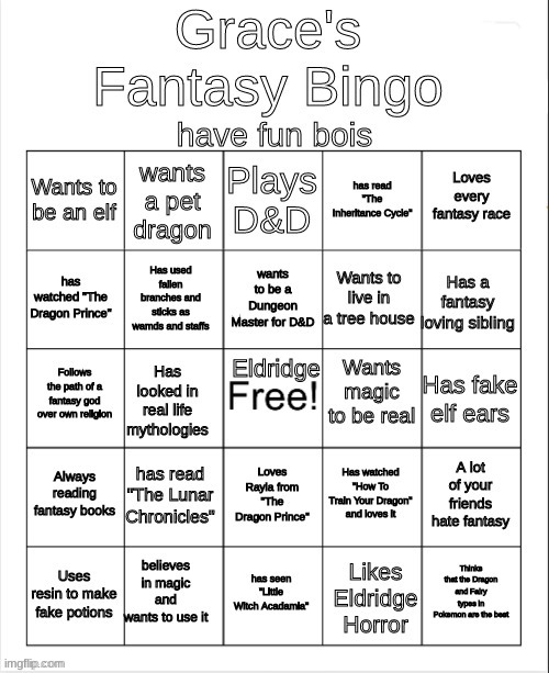 K, I should have done this when I made it but I didn't but now it's a template so have fun | image tagged in grace's fantasy bingo | made w/ Imgflip meme maker