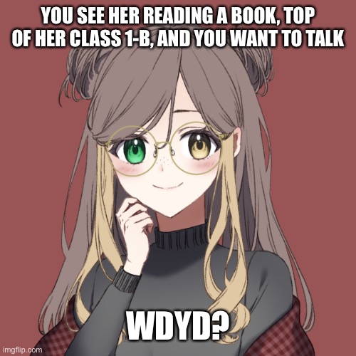 Thanks Shoto-doki_doki for the inspo for this | YOU SEE HER READING A BOOK, TOP OF HER CLASS 1-B, AND YOU WANT TO TALK; WDYD? | image tagged in mha,roleplaying,boredom go brr | made w/ Imgflip meme maker