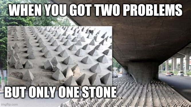 You can't treat people, Yet you don't want homeless | WHEN YOU GOT TWO PROBLEMS; BUT ONLY ONE STONE | image tagged in homeless spikes,ubi conservatorship,kits for regular folk in drama,campgrounds with homeless,church services | made w/ Imgflip meme maker