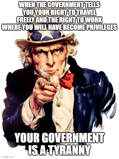 Uncle Sam Meme | WHEN THE GOVERNMENT TELLS YOU YOUR RIGHT TO TRAVEL FREELY AND THE RIGHT TO WORK WHERE YOU WILL HAVE BECOME PRIVILEGES; YOUR GOVERNMENT IS A TYRANNY | image tagged in memes,uncle sam | made w/ Imgflip meme maker