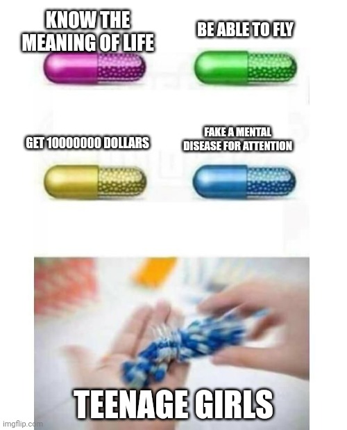blank pills meme |  BE ABLE TO FLY; KNOW THE MEANING OF LIFE; FAKE A MENTAL DISEASE FOR ATTENTION; GET 10000000 DOLLARS; TEENAGE GIRLS | image tagged in blank pills meme | made w/ Imgflip meme maker