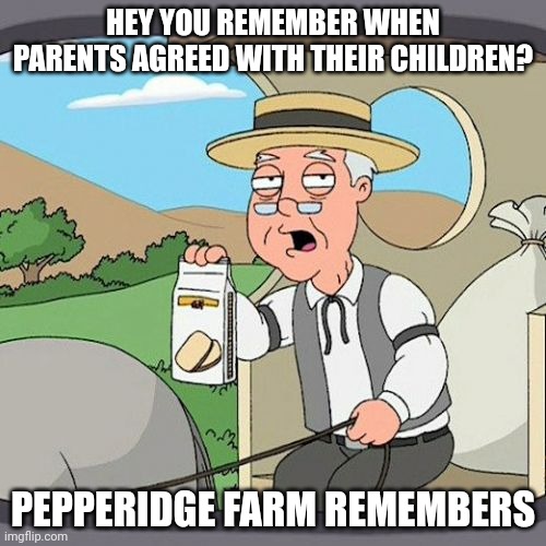 Pepperidge Farm Remembers Meme | HEY YOU REMEMBER WHEN PARENTS AGREED WITH THEIR CHILDREN? PEPPERIDGE FARM REMEMBERS | image tagged in memes,pepperidge farm remembers | made w/ Imgflip meme maker