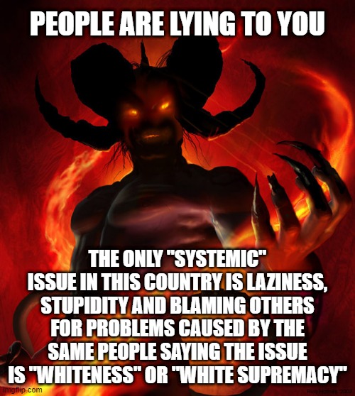 Systemic Bullshit |  PEOPLE ARE LYING TO YOU; THE ONLY "SYSTEMIC" ISSUE IN THIS COUNTRY IS LAZINESS, STUPIDITY AND BLAMING OTHERS FOR PROBLEMS CAUSED BY THE SAME PEOPLE SAYING THE ISSUE IS "WHITENESS" OR "WHITE SUPREMACY" | image tagged in the devil | made w/ Imgflip meme maker