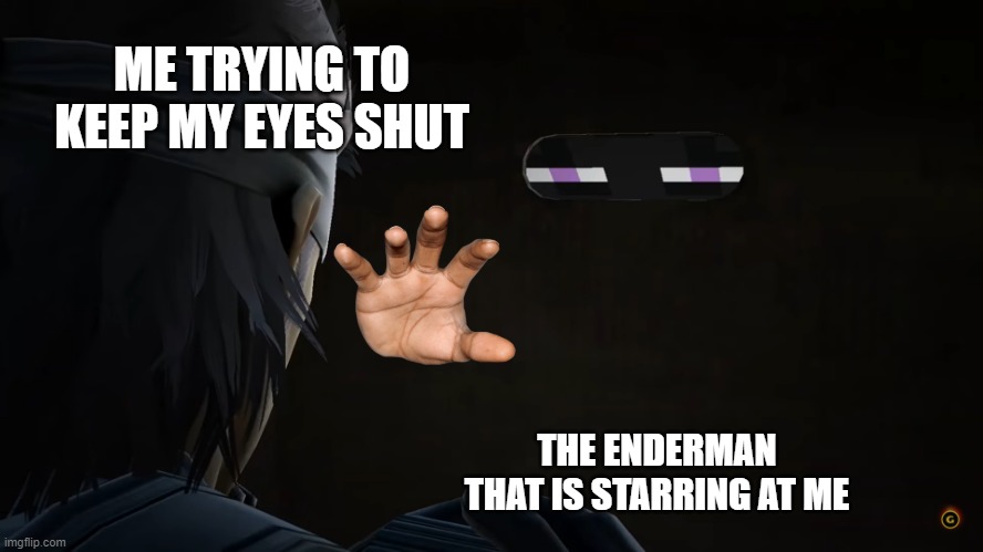 pls help | ME TRYING TO KEEP MY EYES SHUT; THE ENDERMAN THAT IS STARRING AT ME | image tagged in snake enderman in box ssbu | made w/ Imgflip meme maker