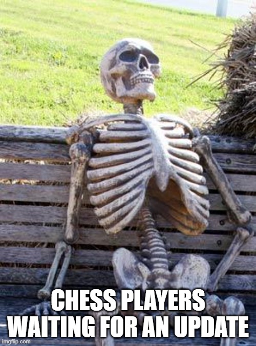 where update? | CHESS PLAYERS WAITING FOR AN UPDATE | image tagged in memes,waiting skeleton,chess | made w/ Imgflip meme maker