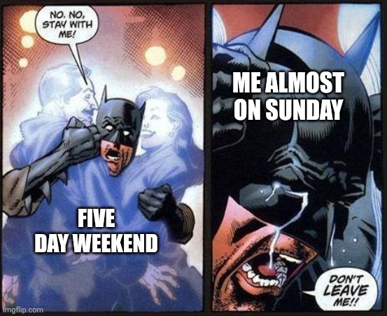 it can be forever but it's never enough | ME ALMOST ON SUNDAY; FIVE DAY WEEKEND | image tagged in batman don't leave me | made w/ Imgflip meme maker