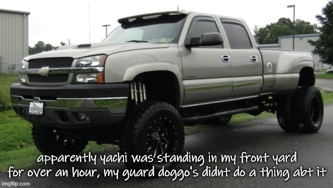 normally my dogs will eat any rabbit they see | apparently yachi was standing in my front yard for over an hour, my guard doggo's didnt do a thing abt it | image tagged in 06_silverado full body reveal or something ik it'sa me | made w/ Imgflip meme maker