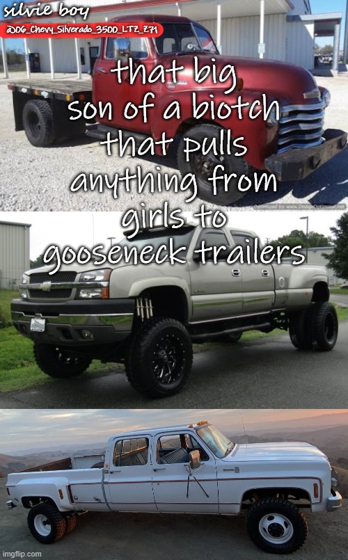 dis mah tagline | that big son of a biotch that pulls anything from girls to gooseneck trailers | image tagged in silverado_3500's template | made w/ Imgflip meme maker