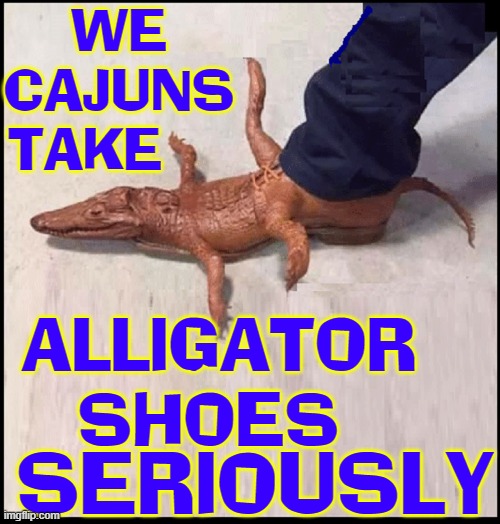 Louisiana: Mardi Gras, Ol' Man River, hurricanes you drink, gators | WE
CAJUNS
TAKE; ALLIGATOR SHOES; SERIOUSLY | image tagged in vince vance,alligator,shoes,louisiana swamp,cajuns,memes | made w/ Imgflip meme maker