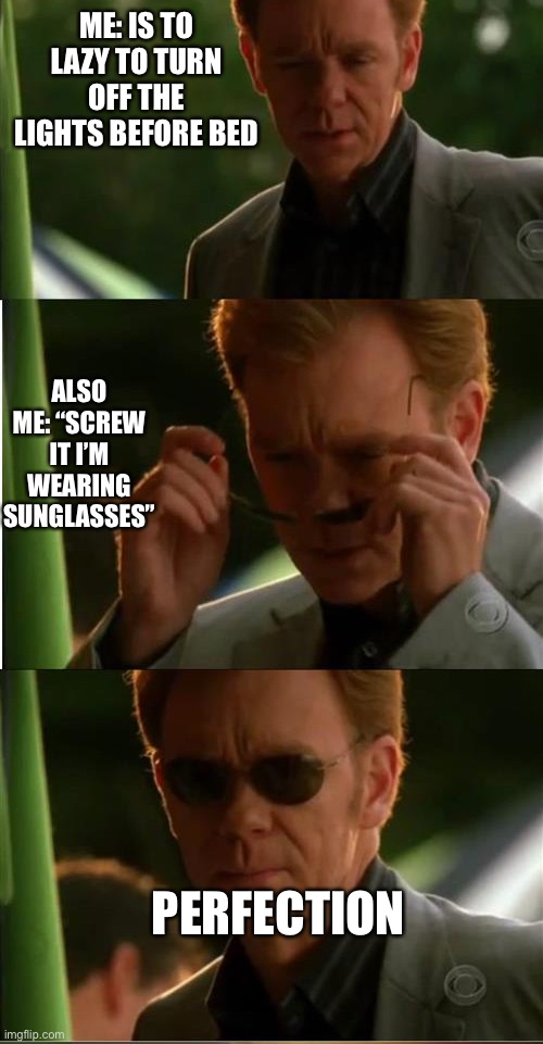 put on sunglasses |  ME: IS TO LAZY TO TURN OFF THE LIGHTS BEFORE BED; ALSO ME: “SCREW IT I’M WEARING SUNGLASSES”; PERFECTION | image tagged in put on sunglasses | made w/ Imgflip meme maker