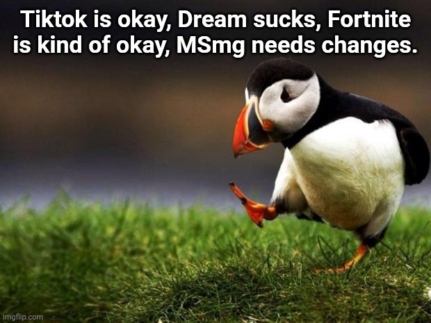 Unpopular Opinion Puffin Meme | Tiktok is okay, Dream sucks, Fortnite is kind of okay, MSmg needs changes. | image tagged in memes,unpopular opinion puffin | made w/ Imgflip meme maker