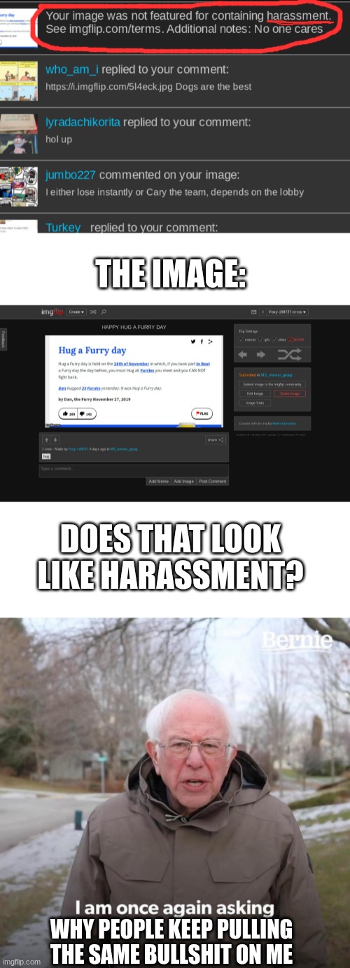 Who did this... -.- Also, happy Hug A Furry Day | THE IMAGE:; DOES THAT LOOK LIKE HARASSMENT? WHY PEOPLE KEEP PULLING THE SAME BULLSHIT ON ME | image tagged in blank white template,memes,true story,bernie i am once again asking for your support | made w/ Imgflip meme maker